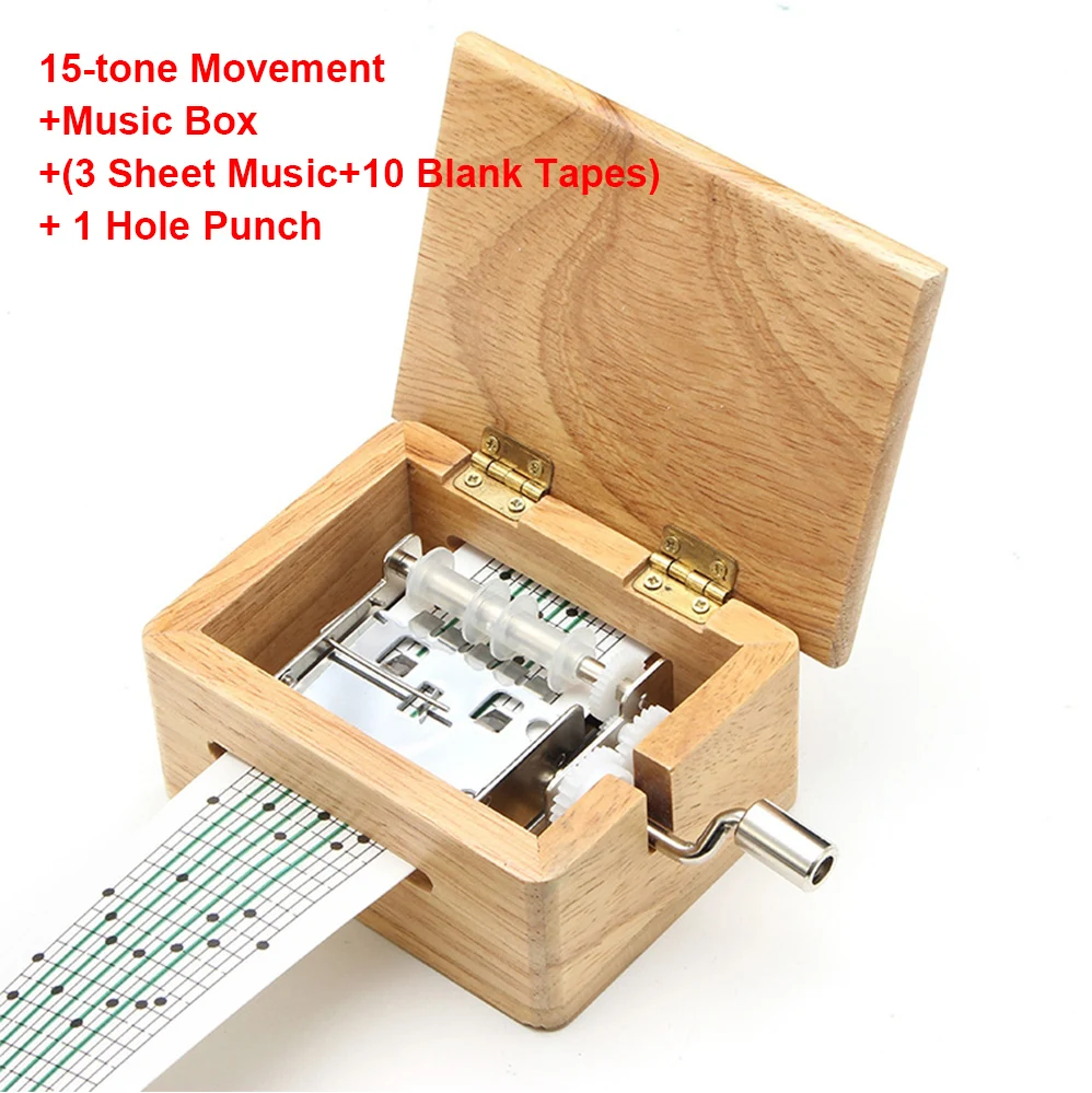 

15/30 Tone DIY Hand-cranked Music Box Wooden Box With Hole Puncher 10pcs Paper Tapes Music Movements Box Paper Strip Home Decor