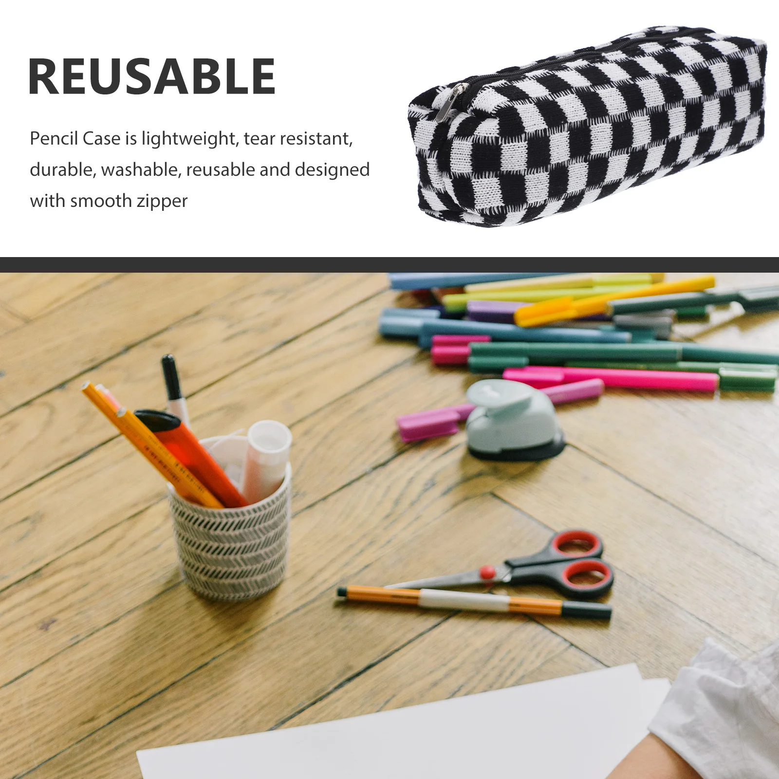 

Checkerboard Pencil Case Travel Pencils Bag Organized Stationery Big Capacity Storage Pouch Polyester Zipper