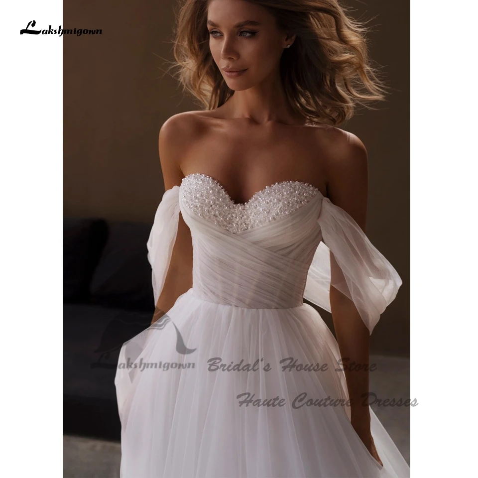 Lakshmigown White Tulle Long Beach Wedding Dresses Sweetheart Bead A Line Bridal Gowns Off The Shoulder 2024 Customized