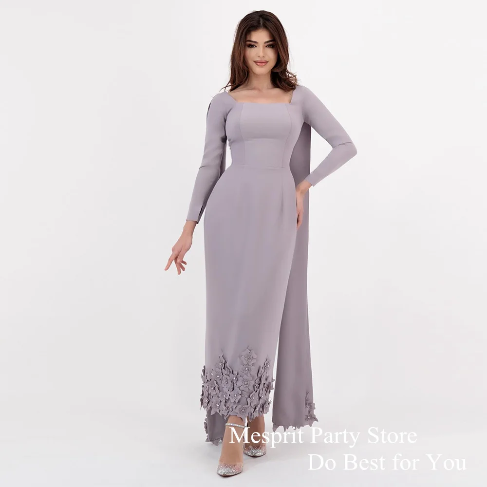 Saud Arab Evening Dress Square Neck Long Sleeve Flowers Stones Arabian Mermaid Prom Gown Formal Party Dresses for Weddings