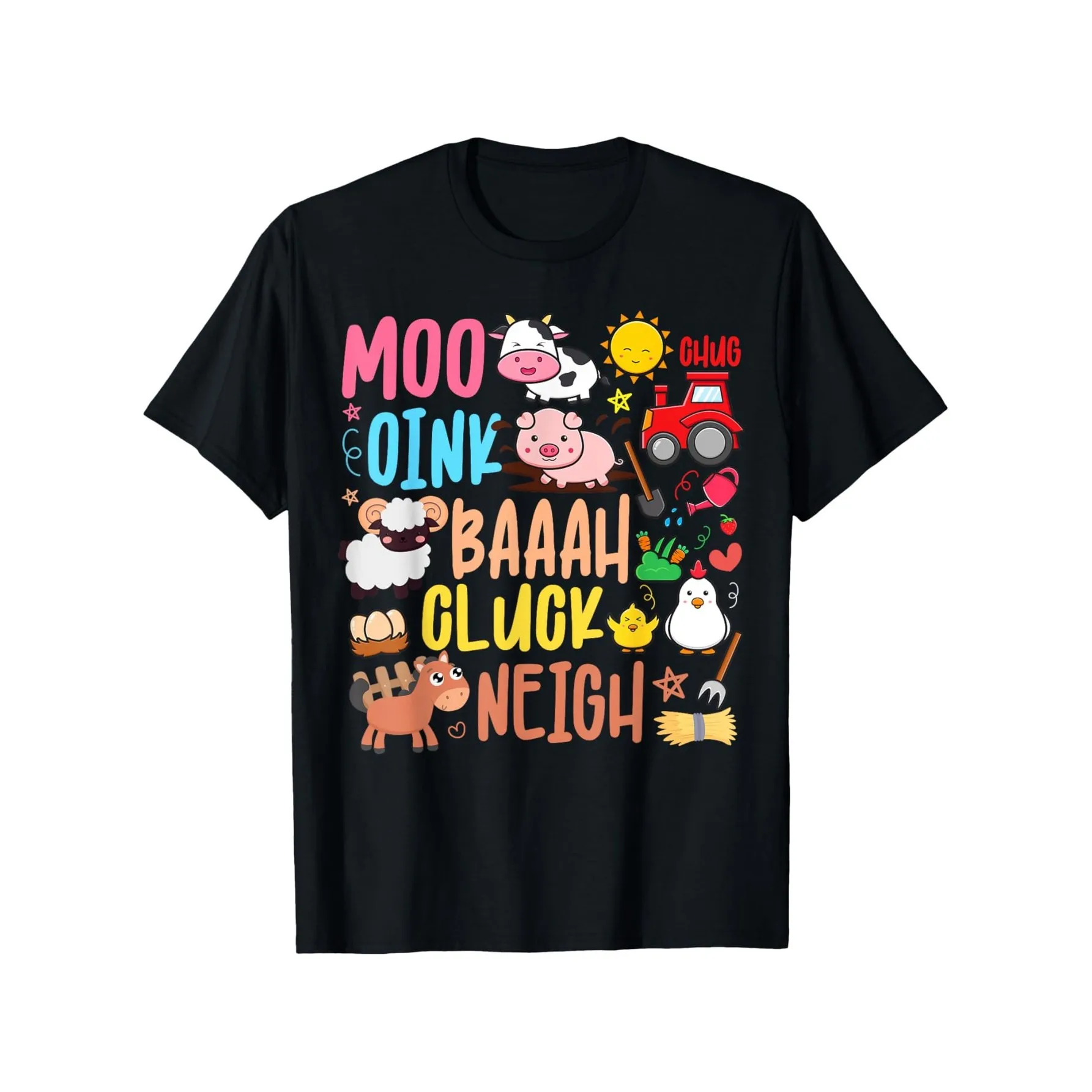 Farm Animals Sounds Graphic Tee Moo Oink Baa Cluck Funny Cotton Casual Short Sleeve T-Shirt