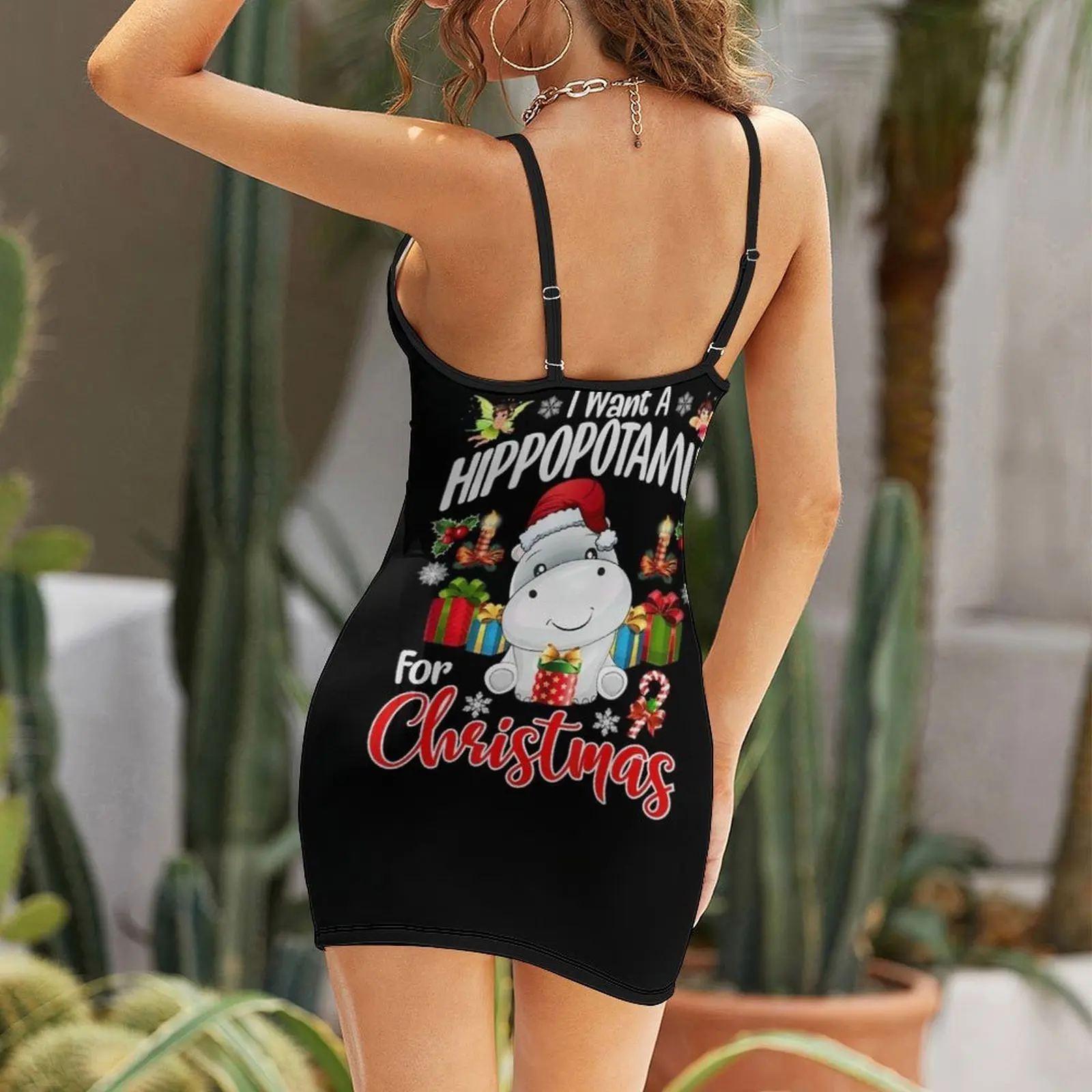 Chcę Hipopotama na Boże Narodzenie Świąteczny Hipopotam dla Dziewczynki Koszulka Sukienka na Ramiączkach seksowna sukienka Odzież damska
