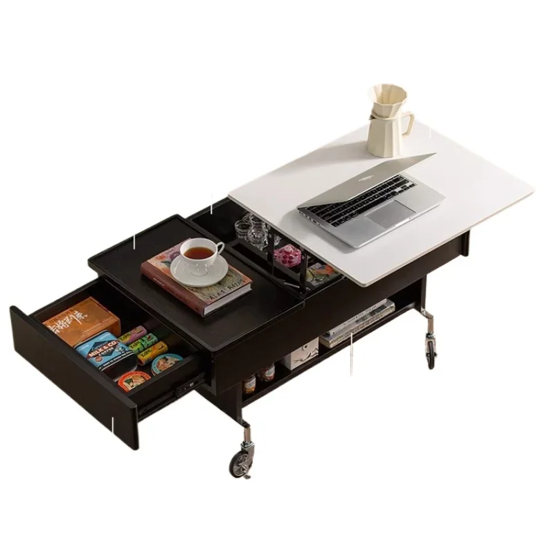 

Desktop liftable movable sofa coffee table medieval Bauhaus solid wood tea table light luxury high sense