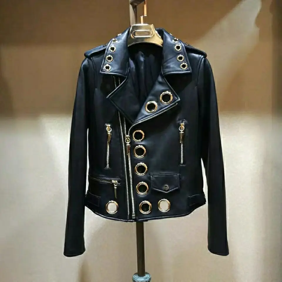 Korean  leather jacket for women's 2024 new fashionable design with metal ring hollow leather jacket for women