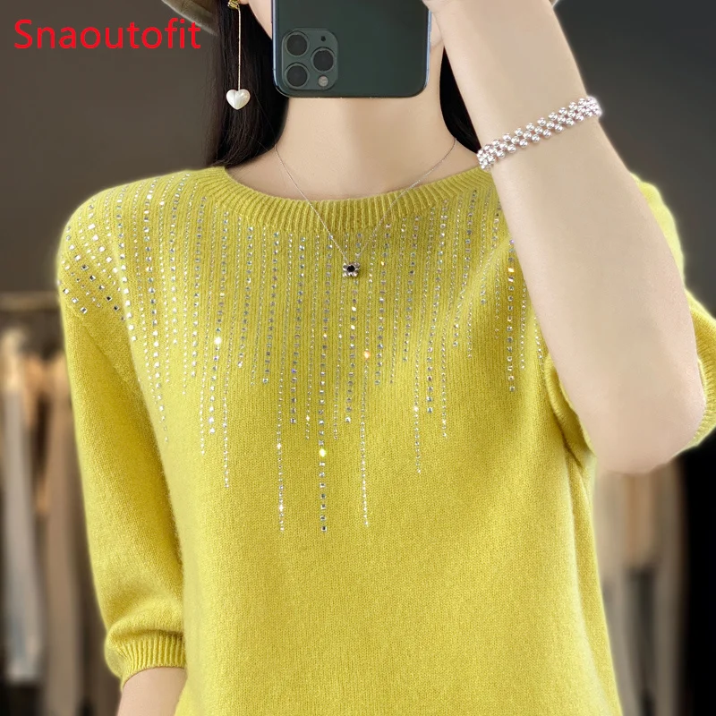 Spring and Summer O/V-neck Diamond Insert Merino Wool Knit Sweater Women\'s Chic Loose Jumper High Stretch Cashmere Pullover Tops