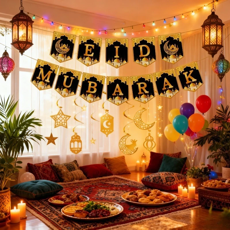 2026 Eid Mubarak Paper Garland Banner with RamadanMoon Star Mosque Hanging Swirl Home Decoration Ornaments for Muslim Party Gift