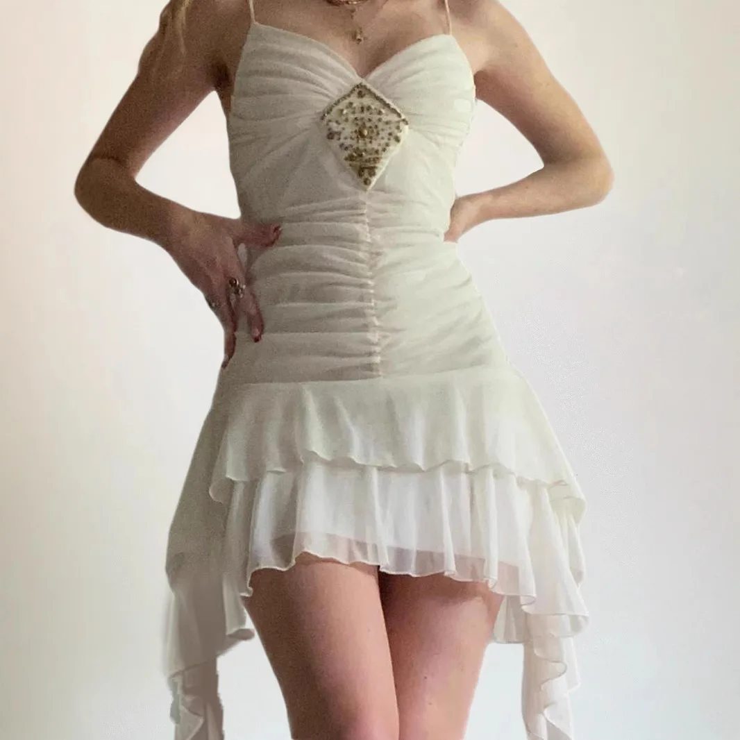 ชุดเดรสสั้นวันหยุด Pure-Chic Irregular Ruffle Ruched Waist V-Neck Wrap Crop Cami Slim Fit Summer Beach Trendy