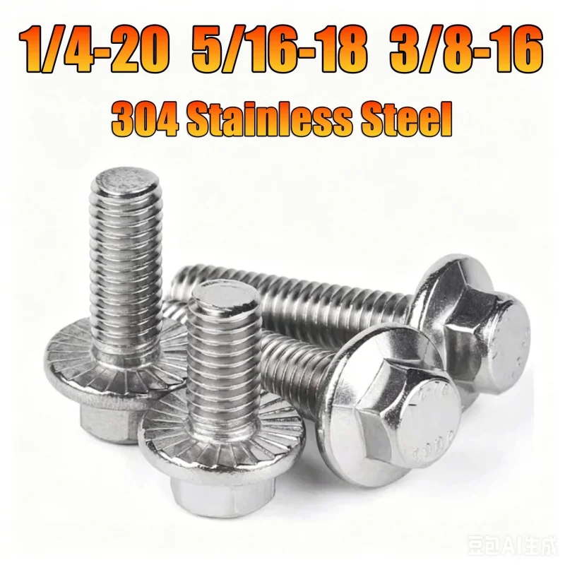 UNC Flange Bolts 1/4 5/16 3/8 Stainless Steel Flange Head Bolt Hexagon Head with Serrated Washer Cap Screw for Car Motorcycle