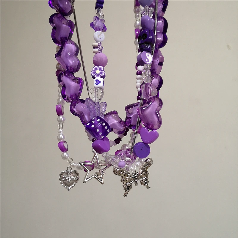 Vintage Y2k Cute Heart Butterfly Pendant Purple Acrylic Beaded Chain Choker Necklace Goth Egirl Aesthetic EMO Grunge Accessories