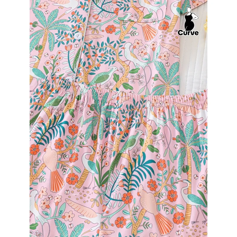Women's Pastel Botanical Print Pajama Set Short Sleeve Button Down Top Shorts Soft Sleepwear Loungewear Summer Home Wear 6