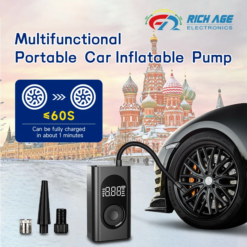 

2024 Popular Portable Car Motorcycle Bicycle Ball Tire Inflator 2000mAh*2 Large Battery Current Maximum up to 6A