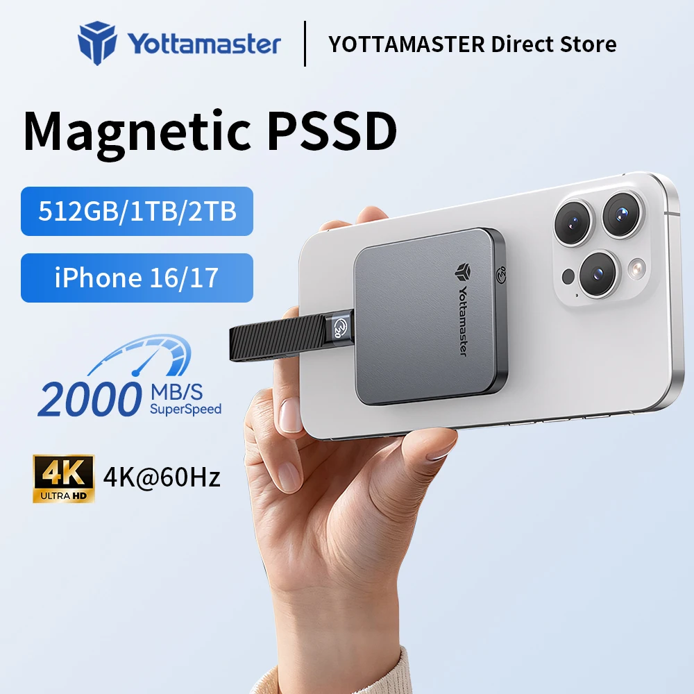 Yottamaster Magnetic Portable 2000MB/S SSD USB3.2 Portable Solid State Drive 512GB 1TB 2TB External SSD for iPhone 16 15 Pro/Max