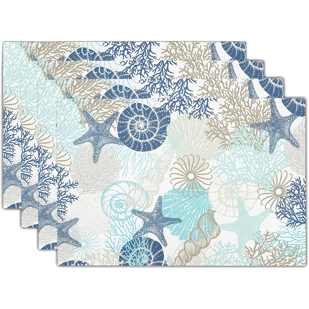 4Pcs, Watercolor Coral Shell Placemats, Washable, Suitable for Holiday Parties, Home Decor, Kitchen Countertops, Rectangular Dining Tables, Making Your Dining Room and Kitchen More Beautiful, a Birthday Gift and Housewarming Party Gift for Family and Friends