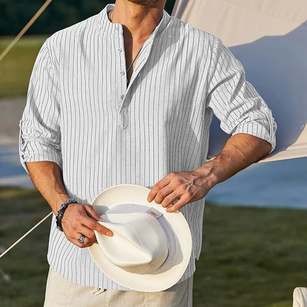 

Hot Stylish Shirt Loose Male Casual Grandad Collar Long Sleeve Men Oversized Spring Stand Collar Striped Shirts