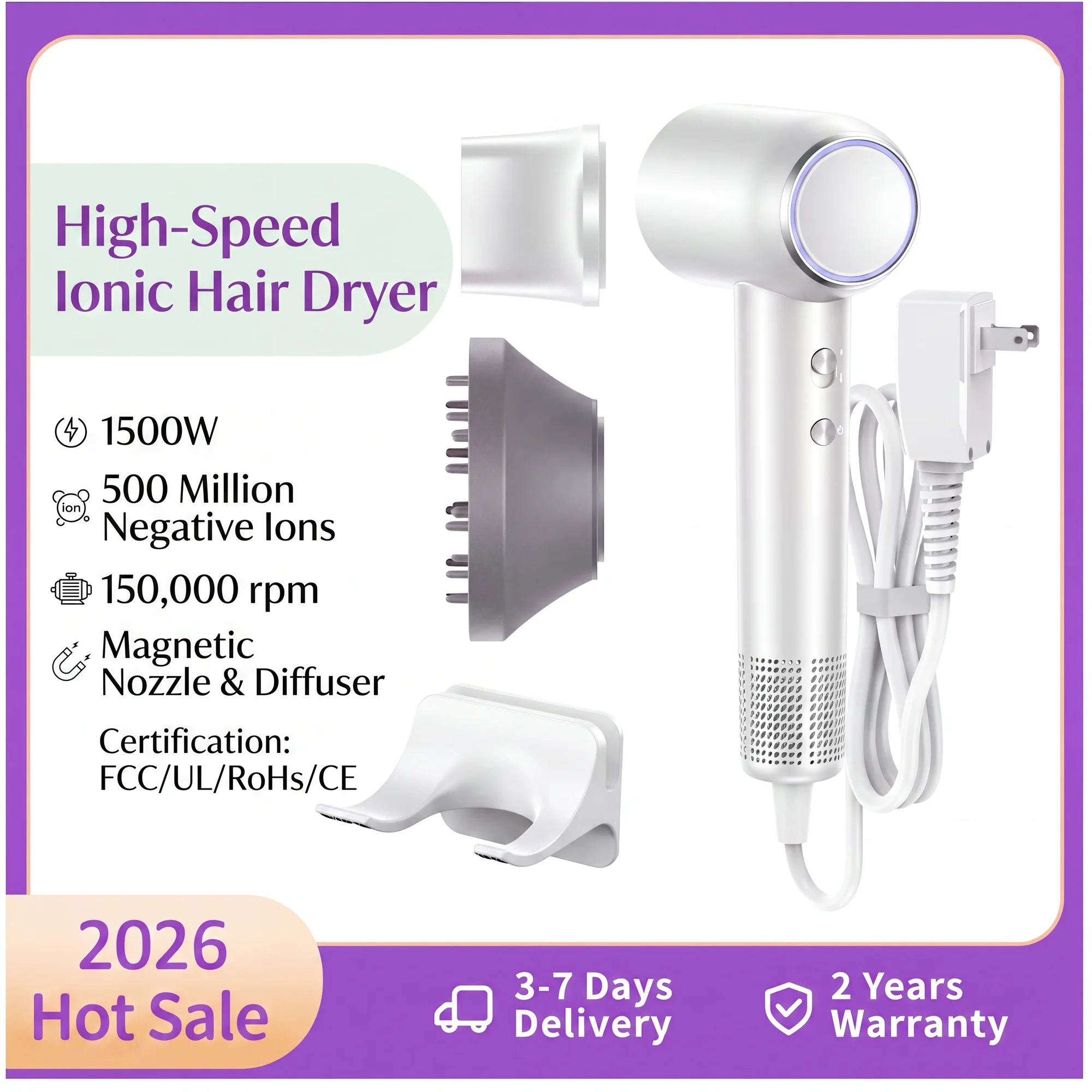 High Speed Hair Dryer Negative Ion Hair Care 150,000 Rpm Professional High-Speed Hot Air Styler Frizz-Free Fast Drying No Heat Damage Wall Mounted Blow Dryer