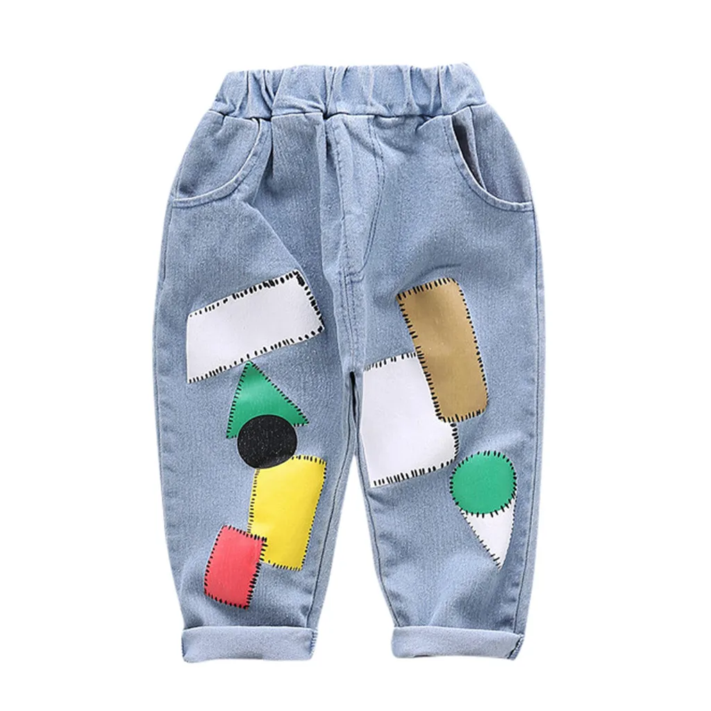 Fashionable Casual Spring And Summer 1-4Years Girls Boys Cartoon Cute Graphics Printed Denim Elastic Waist Long Trousers