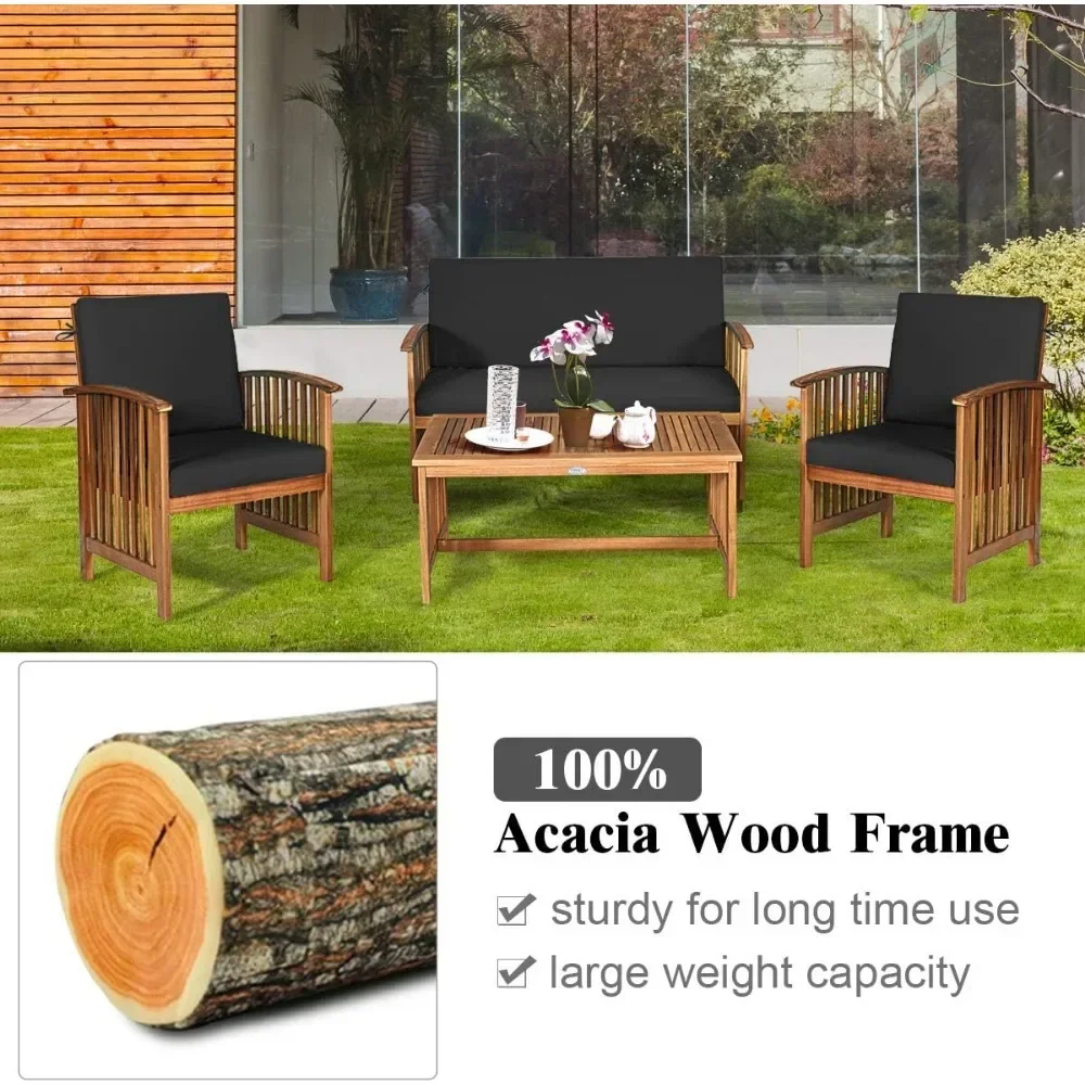 Set di divani da esterno in legno di acacia da 4 pezzi con cuscini resistenti all'acqua, set da chat imbottito per posti a sedere da patio con tavolino da caffè per giardino, cortile