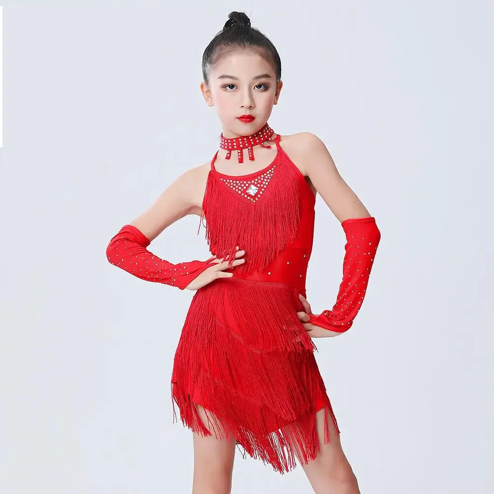 Nappe con frange di diamanti Abito da ballo latino per ragazze Bambini Abito latino Costume da ballo Costume professionale Salsa Rumba Cha Tango