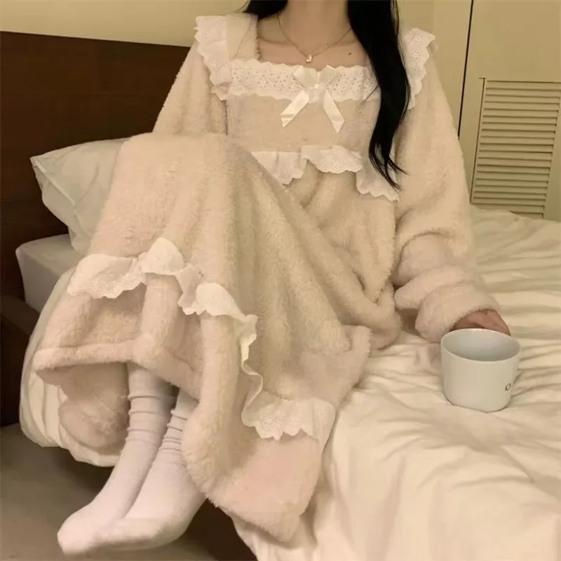 Fleece Women Nightgown Korean Sleepwear Winter Lace Night Dress Knee Length One Piece Pajama Square Collar Warm Ruffle Home Wear