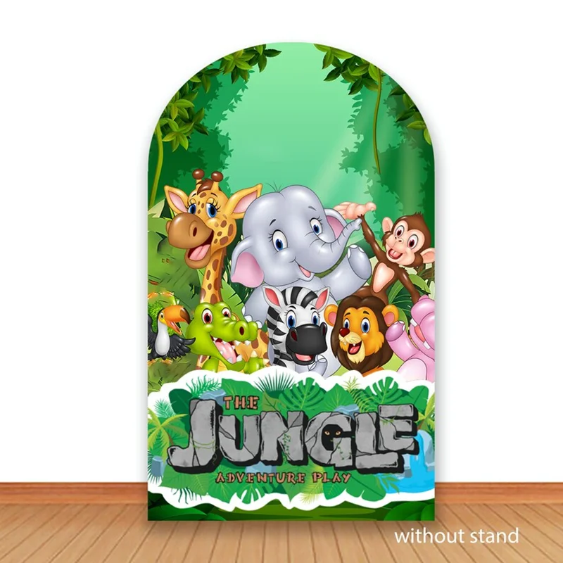 

Jungle Adventure Arch Cover Photo Backdrop Wild Animals Safari Photography Background Elephant Lion Spandex Photo Studio Cover