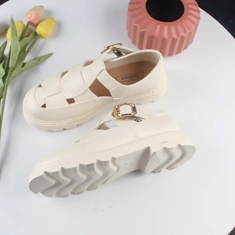 

Summer Women's Sandals New Solid Color Outerwear Casual Hollow Women's Shoes Fashion Daily Baotou Thick Bottom Sandals