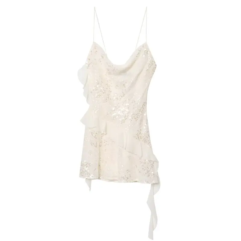 Vestido Curto F de Verão 2025 Novo Estilo com Alça Fina, Design em Camadas com Miçangas Decorativas, Estilo Casual par...