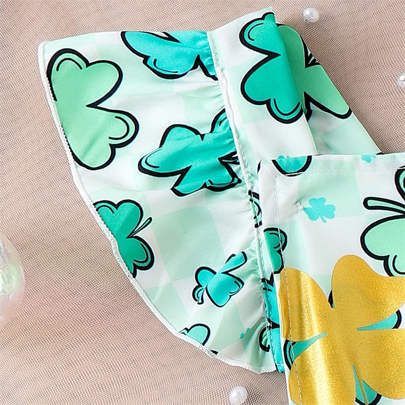 

Infant Baby Girl Easter Jumpsuit Bunny Shamrock Print Flying Sleeve Romper with Bow Headband