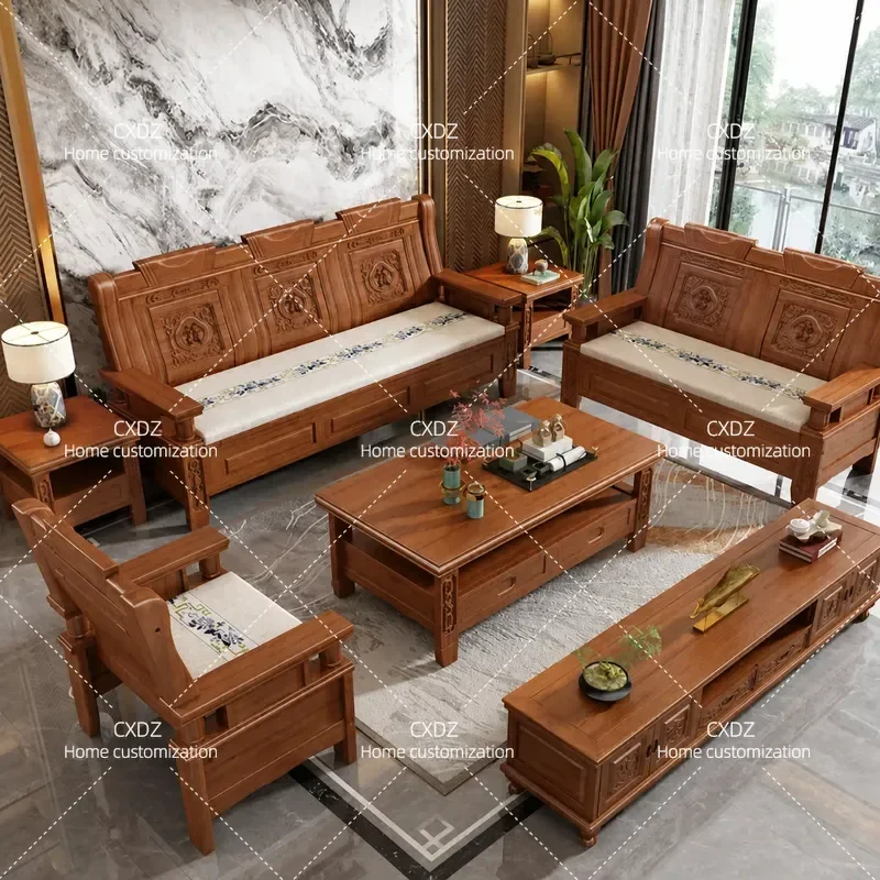 Full Solid Wood Sofa Chinese Classical Living Room Furniture Rural Style Pear Wood Carved Floral Pattern Vintage Home Decor