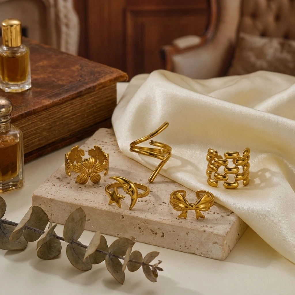 5-teiliges Vintage-Set mit Blatt-Textur Edelstahl-Ringe in Goldton für Frauen, Stapelbare Boho-Statement-Ringe für den Alltag, Eleganter Natur-Schmuck – Detail 5