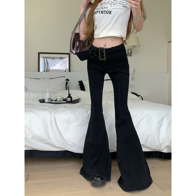 Women Japanese Y2k Streetwear Harajuku Fashion Bell Bottoms Denim Pants Long Trousers 2000s Grunge Flare Jeans Female