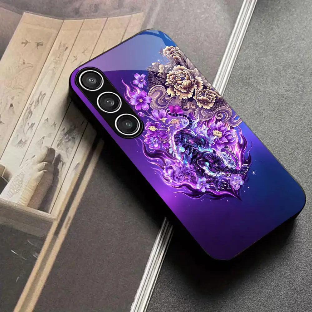 Purple-patterned tiger Tempered Glass Fashion phone case for Samsung Galaxy S26/S25/S24/S23/S22/S21 FE Ultra Plus Dropresistant