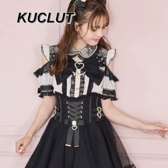Japanese Mine Off-the-shoulder Big Bow Short-sleeved Shirt Women Blouse Spring Summer New Lace Splicing Cute Girl Lolita Shirts