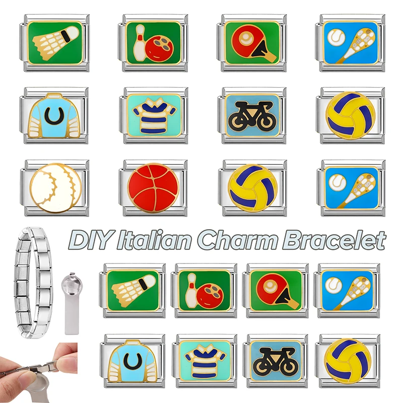 Sports Bike Baseball Football Basketball Tennis Volleyball Italian Charm Links Fit 9mm Stainless Steel Bracelet DIY Making Gift