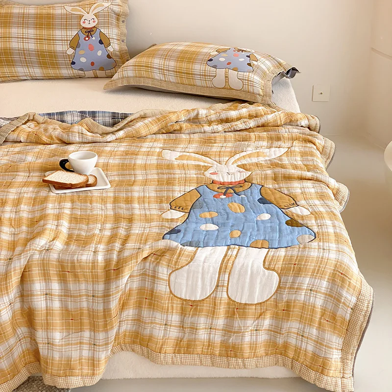 

Class A 6-Layer Gauze Cotton Blanket, Cartoon Applique Embroidery Soft Breathable Summer Quilt for Kids, Single Throw Blanket