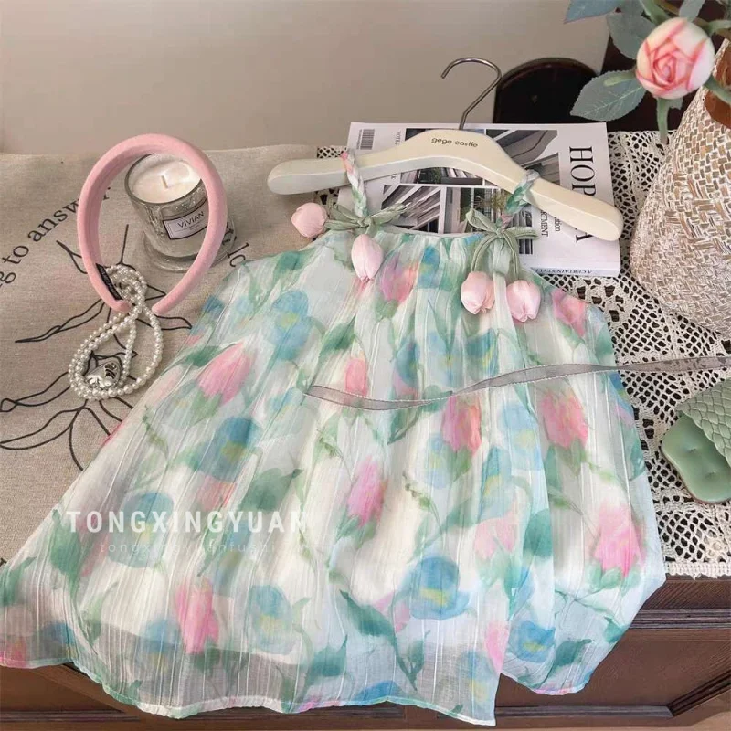 

Girls' Dress2024Summer New Fashionable Floral Halter Skirt Baby Summer