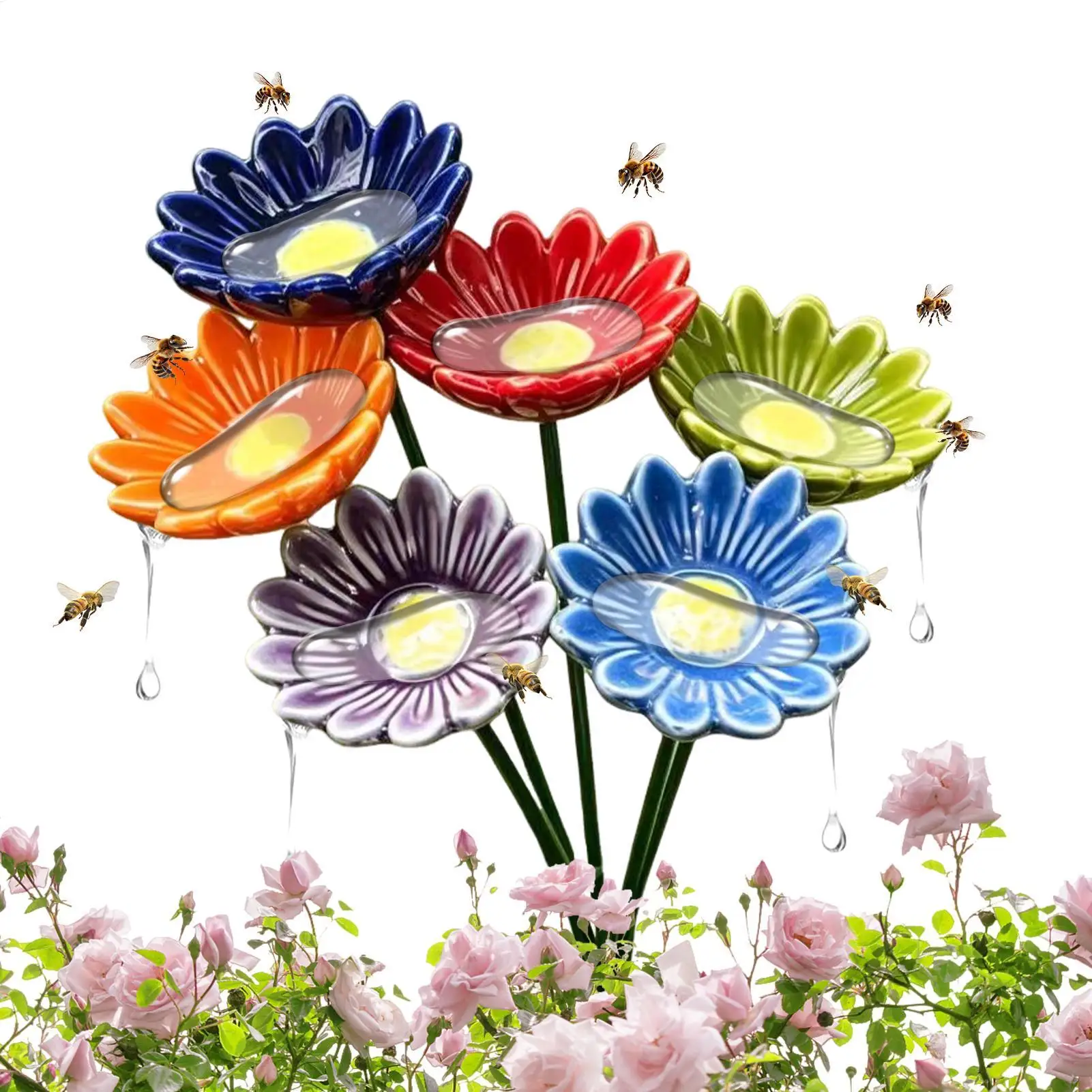 Mini Ceramic Bee Watering Station 6-Flower Shaped Bird Bath Bee Waterer Dispenser For Bird Butterfly Drinking Yard Patio Lawn