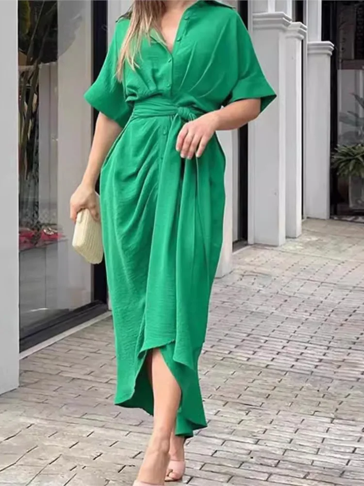 

Leisure Short Sleeved Shirt Dress Woman Summer Fashion Single-row Buckle Cardigan Lace-up Dresses Ladies Simple Style Vestidos