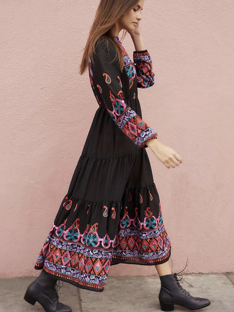 KHALEE YOSE Boho Floral Embroidery Maxi Dresse Cotton Black Long Sleeve Dress Vocation Hippie Vintage Chic Beach Ladies Dress