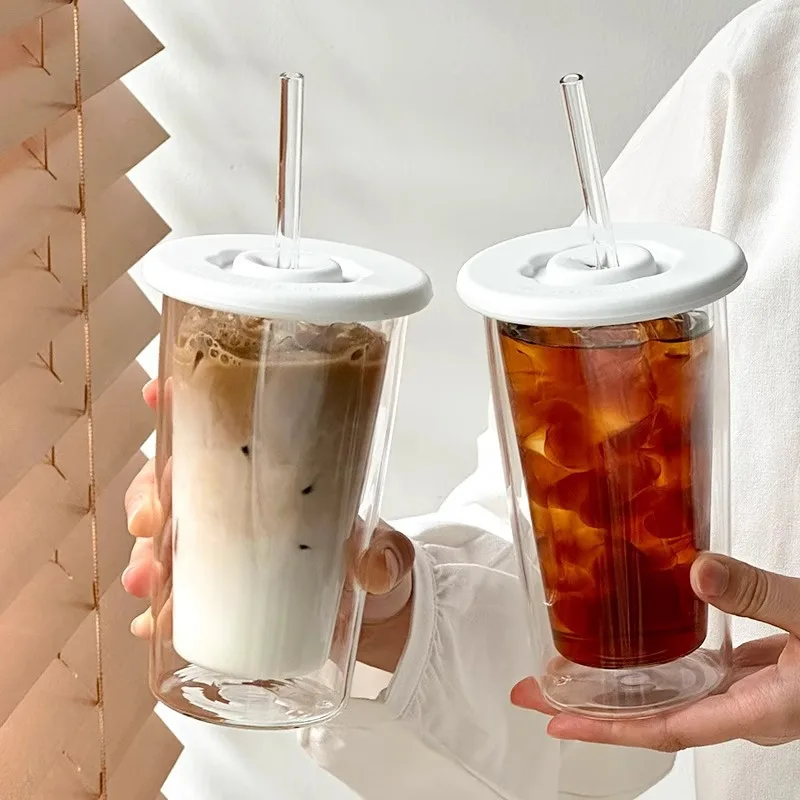 Simple Transparent Double-layer Coffee Cup,Bubble Juice Water Glass Cup,Cold Brew Latte Drink Cups.Iced Americano Glasses Cups