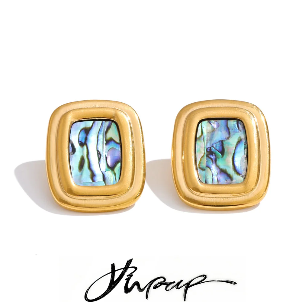 Yhpup Stainless Steel Shell Square Stud Earrings for Women 18K Golden PVD Plated Trendy Fashion Daily Waterproof Jewelry Bijoux