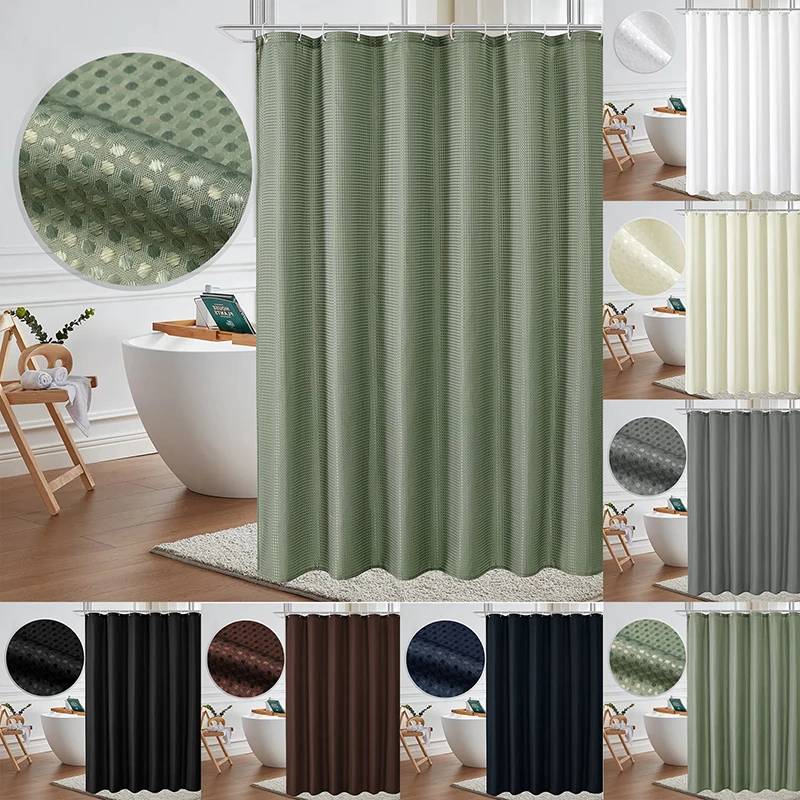Image of Neuer Einfarbiger Waffel-Wasserdichter Duschvorhang Schimmelresistenter Badezimmer-Trennvorhang mit Haken Weicher Perforierter Blickdichter Fenstervorhang