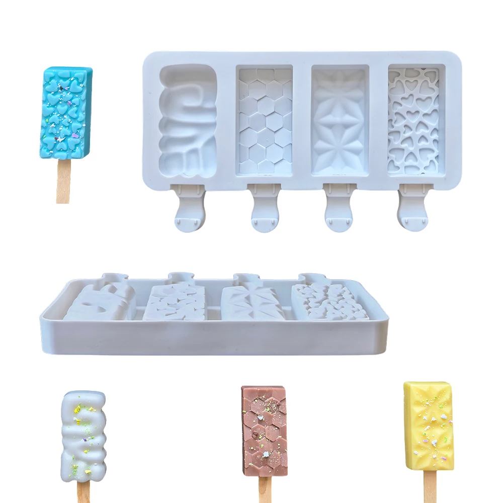 1pc 4-chamber heart-shaped crystal rectangular ice cream silicone mold DIY dessert popsicle ice cream mold tray ice cube making