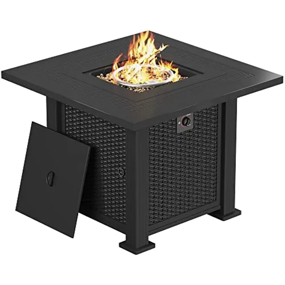 28 Inch Outdoor Gas Fire Pit Table, 50,000 BTU Steel Propane Firepit with Lid and Lava Rock, Imitation Rattan Weave Texture