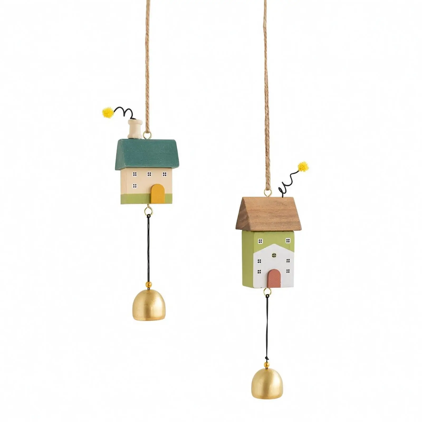 2 Pieces Wooden House Wind Chime with Spiral Wire Adornment Versatile House-Shaped Wall Ornament with Metal Bell Metal Wooden