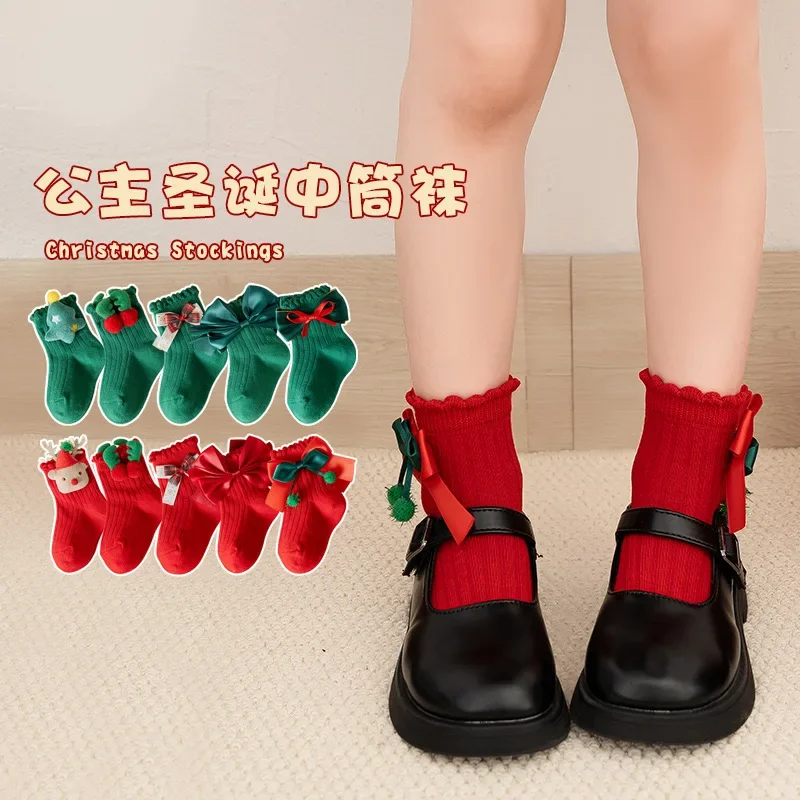 

Children Christmas Socks Autumn Winter Girls Red Green Cartoon Cute Baby Bow Santa Tree Socken Fashion Kids Princess Cotton Sock
