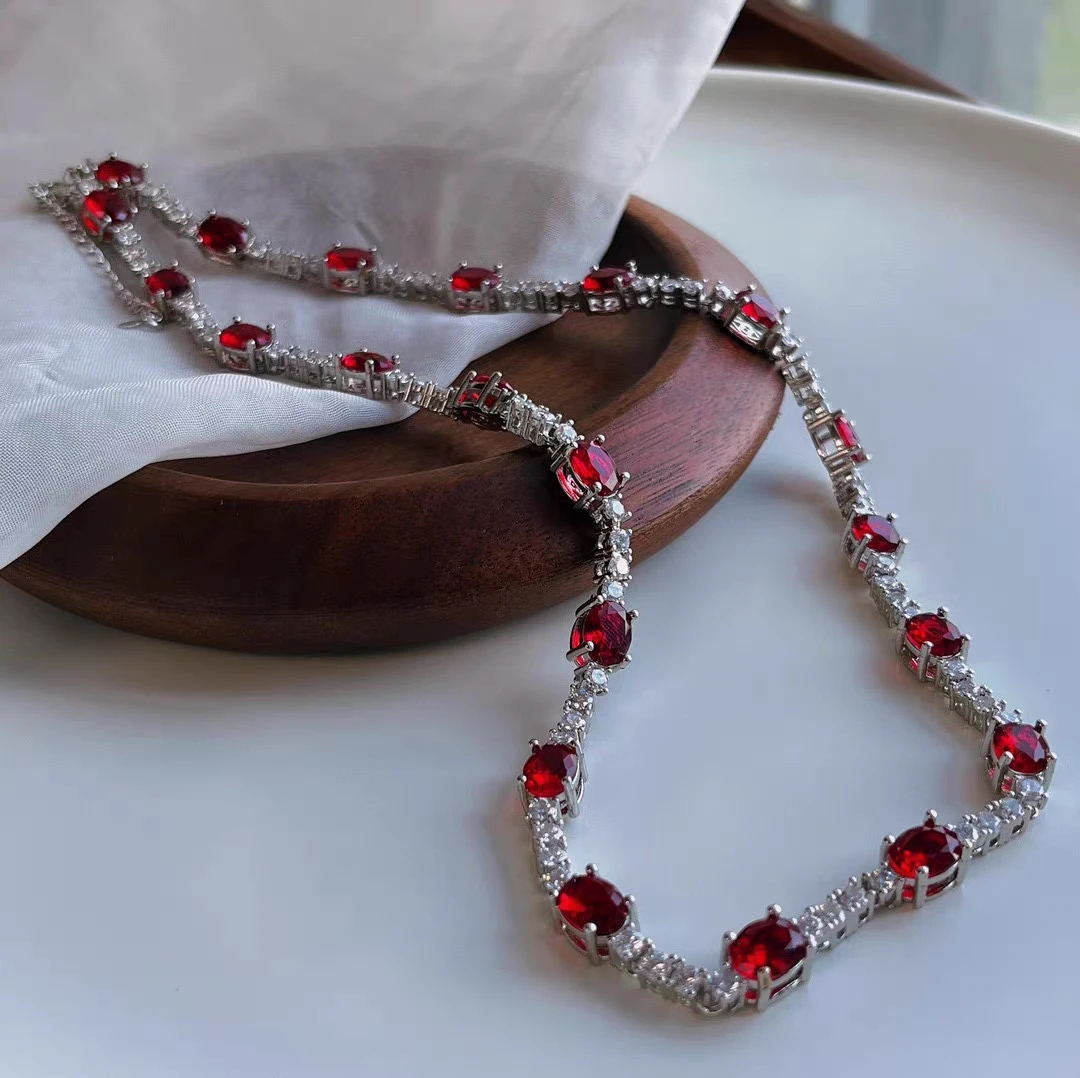 Silver Color 7*9mm Oval Cut Red Cubic Zirconia Chain Necklaces for Women Vintage Simulated Ruby Chokers Necklace Wedding Jewelry