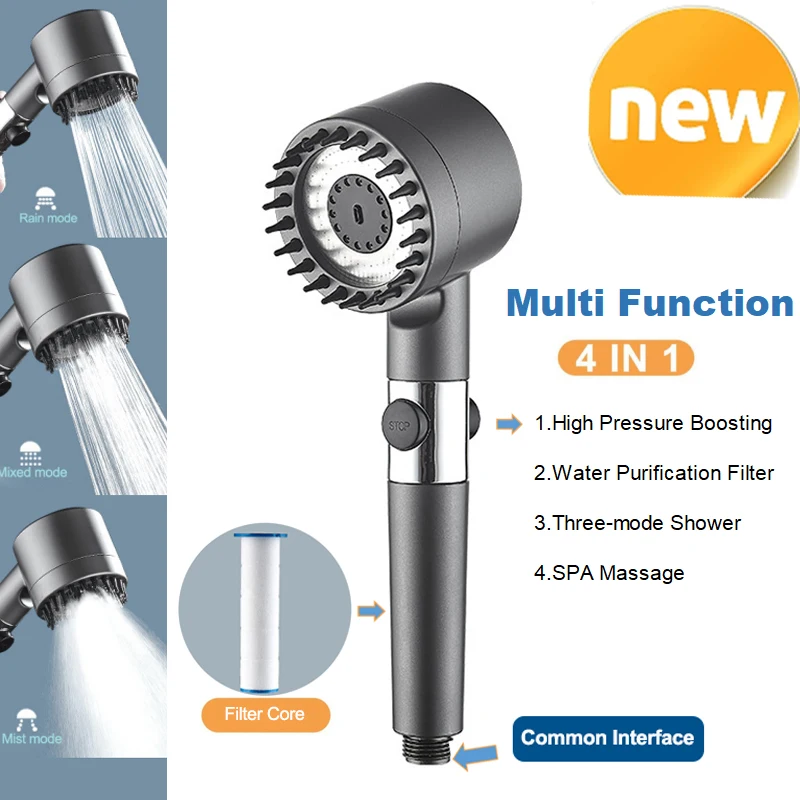 Massage Shower Spray High Pressurized Filter Shower Head 3-mode Adjustable Spray with Massage Brush Rain Faucet Hand Bathroom