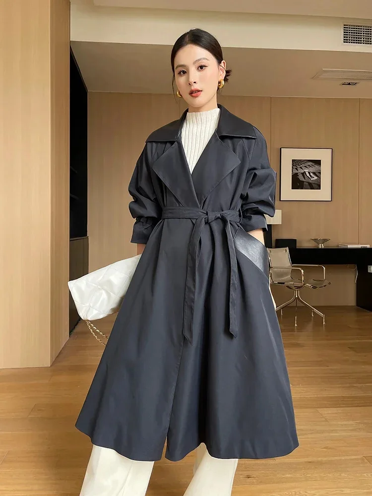 Trench Long Coat for Women Spring Autumn 2024 Trend Contrast Patchwork Real Sheepskin Lapel Design Windbreaker Jacket with Belt