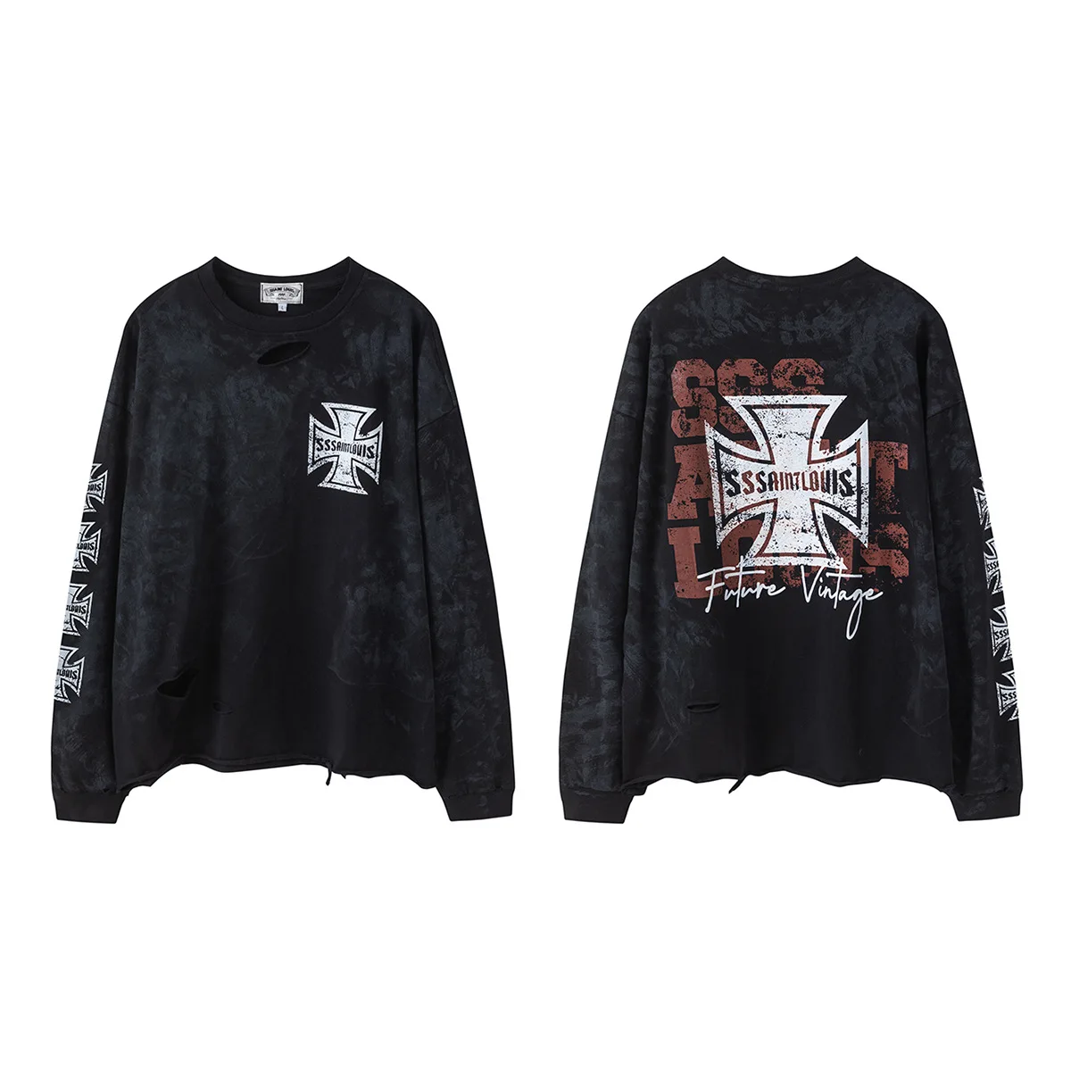 SSSAINT LOUIS Autumn clothing gets dirty, damaging long-sleeved T-shirts, street graffiti cross-shaped T-shirt