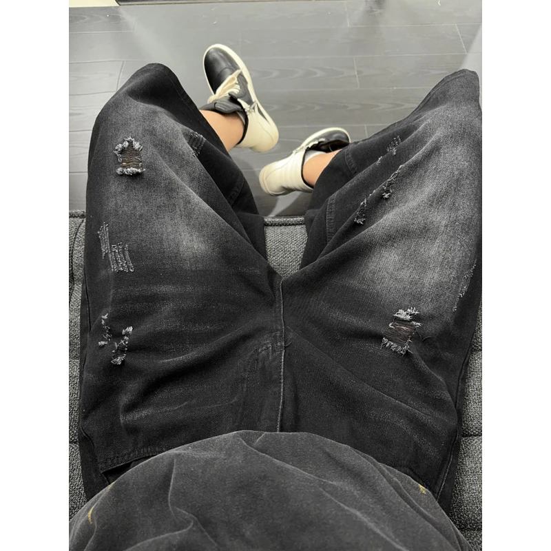 Unisex American Ins High Street Loose Straight Seven-Point Jeans Ripped Distressed Denim Shorts Summer Casual Streetwear